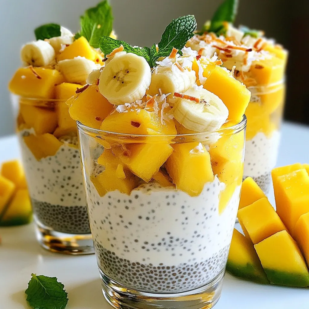 Here’s a detailed list of ingredients you will need for the Tropical Coconut Chia Parfait: - 1 cup coconut milk - 1/4 cup chia seeds - 2 tablespoons honey or maple syrup - 1 teaspoon vanilla extract - 1 ripe banana, sliced - 1/2 cup pineapple chunks - 1/2 cup diced mango - 1/4 cup unsweetened shredded coconut - Fresh mint leaves (for garnish) Each ingredient plays a key role in this recipe. The coconut milk adds a rich, creamy base. Chia seeds are small but mighty, soaking up the liquid to create a pudding-like texture. Sweeteners like honey or maple syrup bring a touch of sweetness to balance the flavors. Vanilla extract adds a warm note. Fresh fruits like banana, pineapple, and mango not only taste great but also add color and nutrition. The shredded coconut enhances the tropical feel and adds a delightful crunch. Lastly, fresh mint leaves make for a vibrant finish. Gather these ingredients, and you’re ready to create a delicious and nutritious parfait! {{ingredient_image_1}} First, grab a medium-sized bowl. In this bowl, combine 1 cup of coconut milk, 1/4 cup of chia seeds, 2 tablespoons of honey or maple syrup, and 1 teaspoon of vanilla extract. Whisk these ingredients together until they blend well. This mixture will form the base of your pudding. Next, cover the bowl with a lid or plastic wrap. Place it in the fridge for at least 4 hours, or better yet, overnight. This allows the chia seeds to soak up the coconut milk. They will swell and create a thick, pudding-like mix. After the waiting time, take the pudding out of the fridge. Stir it well to break up any clumps. Your chia pudding should now be creamy and smooth, ready for the next step. To build your parfait, grab a glass or bowl. Start by spooning a layer of the chia pudding into the bottom. Aim for about one-third of the glass. Next, add a layer of sliced banana. Use about half of the banana for this layer. Follow with a layer of pineapple chunks. You can use either fresh or canned pineapple here. Spoon another layer of chia pudding on top of the fruit. Then, add a layer of diced mango. Repeat these layers until your glass or bowl is full. Finish with a layer of chia pudding on top. Now it's time for the finishing touches. Sprinkle 1/4 cup of unsweetened shredded coconut over the top. You can toast it if you like a little crunch. Garnish with fresh mint leaves for a pop of color. This not only makes your parfait look pretty but also adds a fresh taste. Serve your Tropical Coconut Chia Parfait right away, or chill it a bit longer if you like. Enjoy this delicious treat that is also very nutritious! To get the best chia texture, avoid a few common mistakes. One mistake is not using enough liquid. Chia seeds need enough coconut milk to swell. Another mistake is not mixing well. If you don’t whisk enough, clumps form. To get the right consistency, let the mixture rest. Refrigerate for at least four hours or overnight. This time allows the seeds to absorb the milk fully. The result should be creamy and smooth. You might want to adjust the sweetness in your parfait. Honey and maple syrup both work well. Start with two tablespoons, then taste it. If it’s not sweet enough, add a little more. You can also swap out the tropical fruits. If you can’t find fresh pineapple or mango, use berries. Strawberries or blueberries add a nice touch. They also bring a pop of color. Making your parfait ahead of time is smart. Store it in an airtight container. This keeps it fresh and tasty. The parfait lasts up to five days in the fridge. Just remember to layer the fruits before serving. This keeps them bright and flavorful. You can also prepare the chia pudding alone. Just store it in the fridge until you’re ready to assemble. Pro Tips Use Fresh Coconut Milk: For the best flavor, use fresh coconut milk instead of canned. It enhances the tropical taste of the parfait. Sweetness Adjustment: Taste the chia pudding mixture before refrigerating. Adjust the sweetness according to your preference by adding more honey or maple syrup. Layering Technique: When layering, alternate between chia pudding and fruit for a visually appealing presentation and to ensure every bite has a mix of flavors. Chill for Best Texture: Allow the parfait to chill for at least 4 hours or overnight. This helps the chia seeds fully absorb the liquid and achieve the perfect pudding consistency. {{image_2}} You can change the fruits in your parfait to suit your taste. Using berries like strawberries or blueberries adds a fresh twist. They bring a pop of color and a sweet-tart flavor that mixes well with the creamy chia pudding. Just layer them as you do with bananas and pineapples. You can also use other tropical fruits. Think about adding kiwi for a tangy kick or papaya for sweetness. Each fruit brings a unique flavor and texture. Mix and match to create your perfect combination! If you want a dairy-free parfait, choose alternative milks. Almond milk or oat milk works great. They offer a different taste but still blend well with chia seeds. You might need to adjust the sweetener, as some milk alternatives can taste sweeter. Nutritional adjustments can make your parfait even healthier. For example, almond milk has fewer calories than coconut milk. This change can fit better into your diet while still tasting delicious. Want to boost your parfait's nutrition? Adding protein powder is a simple way. Just mix it into the chia pudding. This extra protein helps you feel full longer. You might also consider superfoods like spirulina or acai powder. These ingredients pack in vitamins and minerals. They can add a fun color and flavor to your parfait too. Just a small amount will do, so it won't overpower the dish. To keep your parfait fresh, use airtight containers. They help keep out air and moisture. Place any leftover parfait in one of these containers. Seal it tightly before placing it in the fridge. This method helps maintain flavor and texture. For best fridge practices, eat the parfait within three days. The longer it sits, the more the chia seeds will absorb moisture. This can change the texture. So, try to enjoy it quickly for the best taste. Can you freeze the parfait? Yes, you can freeze parts of it! However, freezing changes the texture of chia pudding. The fruits may not taste as fresh after thawing. To freeze, place the parfait in a freezer-safe container. Leave some space at the top for expansion. How to defrost properly? Move the container to the fridge a day before you want to eat it. This slow thaw helps retain flavor. Avoid using a microwave, as it can ruin the texture. How long does it stay fresh in the fridge? The parfait stays fresh for about three days. After that, the quality may drop. Signs of spoilage include changes in color and smell. If it looks watery or smells off, it's best to toss it. Always trust your senses for safety! Chia seeds are small black or white seeds from the Salvia hispanica plant. They pack a lot of nutrition in a tiny size. They are rich in fiber, protein, and omega-3 fatty acids. These nutrients help with digestion and heart health. Chia seeds can absorb liquid and swell, forming a gel-like texture. This makes them great for puddings and parfaits. In our Tropical Coconut Chia Parfait, they provide a creamy base and a unique texture. Their ability to soak up flavors also enhances the taste of this dish. Yes, you can! If you don’t have honey or maple syrup, try agave nectar or stevia. You can also use brown sugar or coconut sugar. Each sweetener has a different flavor, so pick one you like. To adjust sweetness levels, taste as you mix. Start with a small amount and add more if needed. This way, you can find the perfect balance for your parfait. The parfait needs to chill for at least 4 hours. This allows the chia seeds to absorb the coconut milk fully. If you can, chill it overnight for the best texture. Chilling improves the flavor and helps the layers set nicely. The longer it chills, the better it tastes! This blog covers how to make a tasty chia pudding parfait. You learned about key ingredients like coconut milk, chia seeds, and fresh fruits. I shared easy steps for making and layering the parfait. You also found tips to achieve the perfect texture and ways to customize the recipe. Remember to store leftovers properly for freshness. With these insights, you can enjoy a delightful, healthy treat anytime. Dive into this fun kitchen project and taste the joy of your handmade parfait!