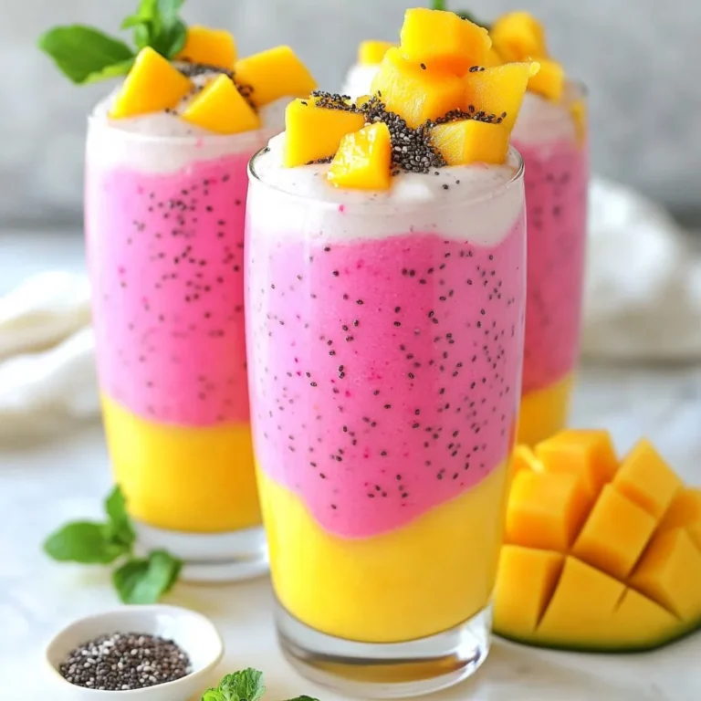 - 1 ripe mango, peeled and diced - 1 cup frozen dragonfruit pieces (pitaya) - 1 banana, sliced - 1 cup coconut milk (or almond milk) - 1 tablespoon honey or agave syrup (optional) - 1 tablespoon chia seeds - Ice cubes (optional) To make a great Mango Dragonfruit Smoothie, you need fresh, quality ingredients. I love using a ripe mango because it gives the smoothie a sweet and vibrant flavor. When picking a mango, look for one that feels slightly soft but is not mushy. The frozen dragonfruit adds a beautiful color and a mild taste. Bananas add creaminess and natural sweetness. Choose a ripe banana for the best flavor. Coconut milk makes the smoothie rich and creamy, but you can swap it with almond milk. If you prefer a sweeter blend, add honey or agave syrup. Chia seeds boost nutrition and provide a fun texture. They are rich in fiber and omega-3s. Finally, ice cubes can help thicken the smoothie and make it extra refreshing on hot days. With these ingredients, you're set to create a delicious and healthy treat! {{ingredient_image_1}} - Combine diced mango, frozen dragonfruit, sliced banana, and coconut milk in a blender. - If you want it sweeter, add honey or agave syrup. - Sprinkle in chia seeds for extra nutrition and texture. - Blend on high speed until smooth. - If you want a thicker smoothie, add ice cubes and blend again. - Taste the smoothie and adjust sweetness if you need to. - Pour the smoothie into tall glasses and serve right away. - Garnish with fresh mango slices and a sprinkle of chia seeds for a nice touch. - Use ripe mango for optimal sweetness and flavor. A ripe mango feels soft when you squeeze it gently. It should smell sweet too. - Frozen dragonfruit enhances texture and chill. It gives your smoothie a nice, icy feel. Plus, it keeps the drink cold longer. - Adjust sweetness with natural sweeteners like honey or agave syrup. Start with a little and add more if you like it sweeter. - Experiment with additional fruits or flavorings. You can try berries, pineapple, or even a splash of lime juice for a zesty kick. - Add ice cubes before blending for a thicker consistency. This will make your smoothie more like a frozen treat. If you want it even thicker, blend in more ice! Pro Tips Choose the Right Mango: Make sure your mango is ripe for the best flavor. It should yield slightly to pressure and have a sweet aroma. Customize Sweetness: Adjust the sweetness of your smoothie by adding more or less honey/agave syrup, or try using a ripe banana for natural sweetness. Chill for a Refreshing Treat: For an extra refreshing smoothie, freeze your banana slices beforehand or add more ice cubes when blending. Boost Nutritional Value: Add a handful of spinach or kale to increase the nutritional content without altering the flavor significantly. {{image_2}} You can switch up the coconut milk for almond milk. This change brings a nutty flavor. It also makes your smoothie a bit lighter. Feel free to mix in other fruits, too. Berries and pineapple work great. They add sweetness and fun colors. If you want a vegan option, use agave syrup instead of honey. Agave keeps it sweet and plant-based. You can also add protein powder. This makes your smoothie packed with protein. It’s a nice boost for workouts or breakfast. Seasonal fruits are a great way to change things up. In summer, add peaches or strawberries. In fall, try apples or pears. Each season brings fresh flavors to your smoothie. This keeps it exciting and tasty all year round. Each serving of this Mango Dragonfruit Smoothie has about 250 calories. This makes it a light and refreshing treat. You can enjoy it without guilt! Mangoes are rich in vitamins A and C. They help boost your immune system. Dragonfruit, or pitaya, is low in calories and high in fiber. It supports digestion and gives you energy. Chia seeds add omega-3 fatty acids. They also provide protein and keep you full longer. In one serving, you get: - Carbohydrates: 45 grams - Fats: 8 grams - Proteins: 4 grams This smoothie packs a balanced mix of nutrients. It fuels your body while keeping it healthy! To make a mango dragonfruit smoothie, you need to gather your ingredients first. Start by peeling and dicing one ripe mango. Next, take one cup of frozen dragonfruit pieces, and slice one banana. Then, pour one cup of coconut milk into your blender. Combine all these items into the blender. If you like it sweeter, add one tablespoon of honey or agave syrup. For extra nutrition, sprinkle in one tablespoon of chia seeds. Blend everything on high until it’s smooth. If you want a thicker texture, add a few ice cubes and blend again. Pour the smoothie into glasses and enjoy! Yes, you can use fresh dragonfruit instead of frozen. Fresh dragonfruit has a milder taste and a softer texture when blended. It may not chill the smoothie as much, so you might want to add ice cubes. Using fresh fruit can also give your smoothie a vibrant color. However, frozen dragonfruit makes the smoothie thicker and colder. It’s a great choice if you want a refreshing treat on a hot day. You can add several things to boost the nutrients in your smoothie. Here are a few ideas: - A handful of spinach for extra vitamins. - A scoop of protein powder for added protein. - A tablespoon of flaxseeds for healthy fats. - Greek yogurt for creaminess and probiotics. - A few berries for more fiber and antioxidants. These add-ins can make your smoothie even healthier and more filling! This blog post covered how to make a delicious mango dragonfruit smoothie. You learned about the best ingredients to use and the steps to prepare it. We explored tips to enhance flavor and variations for personal preference. Smoothies like this one are both tasty and healthy. Try making this smoothie today. Enjoy the bright flavors and the health benefits that come with it.