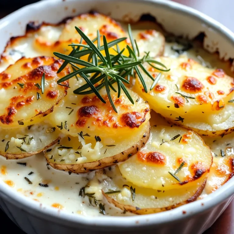 - 4 large russet potatoes, thinly sliced - 2 cups heavy cream - 1 cup shredded sharp cheddar cheese - 1 cup shredded Gruyère cheese - 4 cloves garlic, minced - 1 small onion, finely chopped - 1 tablespoon fresh rosemary, chopped - 1 teaspoon thyme - Salt and black pepper, to taste - 2 tablespoons butter - 1/2 cup grated Parmesan cheese Cheesy garlic scalloped potatoes need simple, fresh ingredients. I use large russet potatoes for their starchy texture. They absorb the cream well and become tender. Heavy cream adds richness and makes the dish creamy and dreamy. Sharp cheddar cheese gives a nice kick, while Gruyère cheese adds a nutty flavor. Garlic and onion bring depth and warmth. Fresh rosemary and thyme enhance the aroma. I always season with salt and black pepper to balance the flavors. Butter adds a touch of richness and helps the dish brown nicely. Finally, grated Parmesan cheese on top gives a crisp finish. This blend of ingredients creates a mouthwatering dish that’s hard to resist. {{ingredient_image_1}} 1. First, preheat your oven to 375°F (190°C). This step is key for even cooking. 2. Next, grease a 9x13-inch baking dish with butter. Make sure the bottom and sides are well coated. This helps prevent sticking. 1. In a saucepan, melt the butter over medium heat. 2. Once the butter is melted, add the chopped onion. Cook until the onion is soft and translucent, about 3-4 minutes. 3. Now, add the minced garlic and cook for another minute. This brings out the garlic's rich flavor. 1. Start by layering half of the thinly sliced potatoes in the bottom of your greased baking dish. 2. Pour half of the creamy garlic mixture over the potatoes. 3. Sprinkle half of the cheddar and Gruyère cheese on top. 4. Repeat this process with the remaining potatoes, cream mixture, and cheese. 5. Finally, add the grated Parmesan cheese evenly on top for extra flavor. 1. Cover the dish tightly with aluminum foil. Bake it in the preheated oven for 30 minutes. This step helps cook the potatoes evenly. 2. After 30 minutes, remove the foil. Bake for another 25-30 minutes until the top is golden and bubbly. Check if the potatoes are tender by piercing them with a fork. 3. Let the scalloped potatoes rest for about 10 minutes before serving. This helps the sauce thicken slightly. To make Cheesy Garlic Scalloped Potatoes great, slice your potatoes thinly. Thin slices cook evenly and absorb the creamy sauce. Aim for about 1/8 inch thick. A mandoline slicer can help you achieve this. After baking, let the dish rest for 10 minutes. This time allows the sauce to thicken. It helps the flavors meld together. You’ll have a perfect texture that isn’t runny. For better taste, try different herbs. Fresh thyme pairs well with garlic. Rosemary adds earthiness and depth. Mix these herbs in the cream for a flavor boost. Cheese is also key for flavor. Sharp cheddar adds tang, while Gruyère brings nuttiness. You can swap these cheeses for others. Try mozzarella for stretch or feta for a salty kick. Mixing cheeses can create a unique taste. Experiment to find your favorite combo! Pro Tips Use a Mandoline: For perfectly even slices, consider using a mandoline slicer. This will ensure that your potatoes cook evenly and create a uniform texture. Cheese Variations: Feel free to experiment with different cheeses like Fontina or Monterey Jack to add unique flavors to your dish. Resting Time: Allowing the scalloped potatoes to rest after baking helps the sauce thicken and makes it easier to serve without falling apart. Herb Infusion: For a deeper flavor, consider adding a bay leaf to the cream mixture while it simmers, then remove it before layering. {{image_2}} You can change the cheese in this dish to suit your taste. If you want a milder flavor, use mozzarella instead of cheddar. A creamy fontina works well too. The mix of flavors can surprise you. Gruyère offers a nutty taste that pairs nicely with sharp cheddar. Feel free to mix and match your favorites. This way, you keep things interesting every time you make it. You can also add other tasty ingredients to your scalloped potatoes. For a veggie twist, consider adding spinach or mushrooms. They add color and nutrients, making your dish more vibrant. Just sauté them briefly before layering them in the dish. If you want some protein, cooked bacon or ham works great. They give a nice salty kick that complements the cheese. Simply chop them into small pieces and layer them with the potatoes. You can customize this dish to fit your cravings and make it your own! To keep your Cheesy Garlic Scalloped Potatoes fresh, store them properly. Let the dish cool down to room temperature. Then, transfer leftovers into an airtight container. This way, they stay moist and tasty. You can keep them in the fridge for up to 3 days. When you are ready to eat, check for any signs of spoilage. If it smells off or looks strange, it's best to throw it away. You can reheat your scalloped potatoes in two main ways: the oven or the microwave. - Oven Method: This method gives the best results. Preheat your oven to 350°F (175°C). Place the potatoes in an oven-safe dish. Cover it with foil to prevent drying out. Heat for about 20-25 minutes. Remove the foil for the last 5 minutes to crisp the top. - Microwave Method: This is quicker but may not keep the same texture. Put the potatoes in a microwave-safe dish. Cover it with a microwave-safe lid or wrap. Heat in short bursts of 30 seconds, stirring in between. Check if it's warm enough before serving. Choose the method that works best for you, and enjoy your delicious leftovers! Cheesy Garlic Scalloped Potatoes stay fresh in the fridge for about 3 to 5 days. To keep them at their best, store them in an airtight container. Make sure they cool down before you seal them. This helps prevent extra moisture from making them soggy. Yes, you can make this dish ahead of time! Prepare the recipe up to the baking step. Cover the dish and keep it in the fridge for up to 24 hours. When you're ready to bake, just add a few extra minutes to the cooking time. This way, you save time and keep the flavors intact. Cheesy Garlic Scalloped Potatoes go well with many dishes. Here are some great options to try: - Grilled chicken or steak - Roasted vegetables - Fresh green salad - Steamed broccoli or asparagus - A warm baguette or dinner rolls These sides balance the rich, creamy flavor of the potatoes and make your meal even more satisfying. In this post, I shared a simple recipe for cheesy garlic scalloped potatoes. We covered the ingredients, step-by-step instructions, and helpful tips. You learned how to prep, layer, and bake for the perfect side dish. Remember to thinly slice your potatoes for the best texture. Feel free to switch up the cheeses or add veggies for variety. Use these ideas to create a dish everyone will love. Enjoy your cheesy masterpiece!