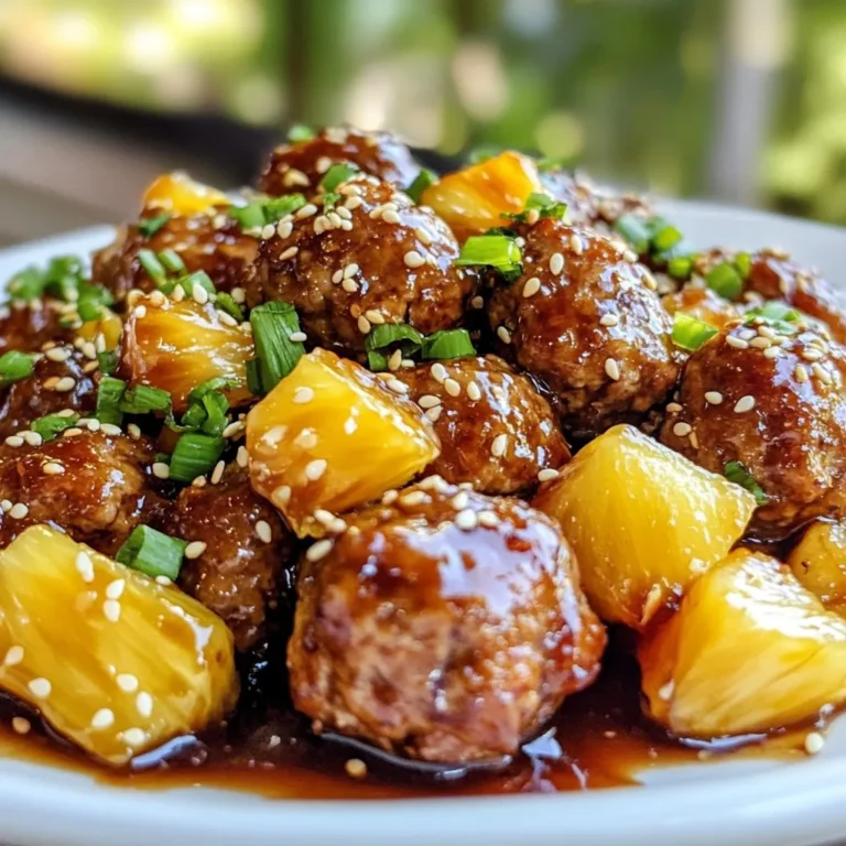 To make Pineapple Teriyaki Meatballs, gather these key ingredients: - 1 pound ground chicken (or turkey) - 1/2 cup breadcrumbs - 1/4 cup green onions, finely chopped - 1 small carrot, grated - 1 tablespoon garlic, minced - 1 tablespoon fresh ginger, minced - 1 egg, beaten - Salt and pepper to taste - 1 cup pineapple chunks (fresh or canned, drained) - 1/2 cup teriyaki sauce (store-bought or homemade) - 1 tablespoon sesame oil - Sesame seeds for garnish - Extra green onions for garnish These ingredients create a flavorful blend. Ground chicken or turkey makes the meatballs juicy. The breadcrumbs help them hold together. Green onions add freshness, while garlic and ginger bring warmth. You can customize your meatballs with these options: - Add red pepper flakes for spice - Use panko breadcrumbs for extra crunch - Mix in chopped bell peppers for color - Substitute with ground beef or pork These optional ingredients let you play with flavors. You can make it your own based on your tastes. To prepare these meatballs, you will need: - Large mixing bowl - Baking sheet with parchment paper - Sauté pan - Measuring cups and spoons - Grater for the carrot and ginger Having the right tools makes cooking easier. A good mixing bowl helps you combine the ingredients well. A sauté pan is perfect for caramelizing the pineapple. {{ingredient_image_1}} Start by gathering your ingredients. You will need ground chicken, breadcrumbs, green onions, carrot, garlic, ginger, beaten egg, salt, and pepper. In a big bowl, mix these items together. Use your hands to combine them well. Make sure the ingredients are evenly mixed. Form the mixture into small meatballs, about one inch wide. This size helps them cook evenly. Now, preheat your oven to 400°F (200°C). While the oven heats, line a baking sheet with parchment paper. This makes cleanup easy. Place your meatballs on the baking sheet. Leave some space between each meatball. Bake them for about 15 to 20 minutes. You want them to be cooked through and brown on the outside. A meat thermometer should read 165°F (74°C) when they are done. While the meatballs bake, prepare the sauce. Heat sesame oil in a sauté pan over medium heat. Add the pineapple chunks and sauté for 3 to 4 minutes. You want them to caramelize a bit. This step brings out their sweetness. Then, pour in the teriyaki sauce. Stir it well and let it simmer for a few minutes. The sauce should thicken slightly. Once the meatballs are ready, add them to the pan. Stir gently to coat them in the sauce and pineapple. Cook on low heat for 2 to 3 minutes to blend the flavors. Enjoy your delicious meal! To make great meatballs, use ground chicken or turkey. These meats keep the dish light and juicy. Mix your ingredients well, but don’t overdo it. Overmixing can lead to tough meatballs. Use your hands to shape the meatballs, making them about 1 inch in size. This size cooks evenly and stays tender. Bake at 400°F for 15-20 minutes. Check for a nice brown color on the outside. To boost the teriyaki sauce, use fresh ginger and garlic. These ingredients add depth. If you like spice, add a dash of red pepper flakes. A splash of rice vinegar gives a tangy kick. Want more sweetness? Add a little honey or brown sugar. If you have some pineapple juice, toss that in too. Simmer the sauce until it thickens. This makes it stick nicely to the meatballs. For a fun serving idea, use steamed rice or quinoa as a base. Place the meatballs on top and drizzle with sauce. Sprinkle sesame seeds and extra green onions for color. For a cute twist, serve in takeout boxes. This adds a fun touch to your meal. Make it special by adding some fresh pineapple chunks on the side. Enjoy the bright colors and flavors! Pro Tips Use Fresh Ingredients: Fresh ground chicken or turkey will enhance the flavor of the meatballs significantly. Opt for fresh pineapple if available for a more vibrant taste. Adjust the Sweetness: If you prefer a sweeter teriyaki sauce, consider adding a dash of honey or brown sugar while simmering the sauce. This will balance the savory elements beautifully. Perfectly Sized Meatballs: Aim for uniform-sized meatballs (about 1 inch in diameter) to ensure even cooking. This will help them brown nicely and cook through at the same rate. Experiment with Garnishes: Enhance the dish visually and flavorfully by garnishing with crushed peanuts or cilantro along with sesame seeds and green onions for added texture and freshness. {{image_2}} You can switch up the main meat in these meatballs. Ground turkey works well. It keeps the dish light and tasty. You can also use beef for a richer flavor. If you want a vegetarian option, try using lentils or chickpeas. Just mash them up and mix them in. This makes a great meat-free meal that everyone will enjoy. Serving these meatballs is easy and fun. I love to place them over steamed rice. The rice soaks up all the yummy sauce. Quinoa is another great choice, full of protein and fiber. If you want something different, try noodles. Toss the noodles with some sauce and serve the meatballs on top. Each option adds a nice touch to your meal. You can change the flavor of the meatballs by adding spices. If you like heat, try adding some red pepper flakes. This will give the dish a spicy kick. For a sweeter taste, mix in some brown sugar or honey into the sauce. You can adjust the sweetness to your liking. Experiment with different spices to find your favorite flavor! To keep your leftover meatballs fresh, place them in an airtight container. Make sure they cool down first. You can store them in the fridge for up to three days. If you want to keep them longer, freezing is a great option. To freeze the meatballs, arrange them on a baking sheet in a single layer. Place the sheet in the freezer for about an hour. Once they are frozen, transfer the meatballs to a freezer-safe bag. Label the bag with the date. They can last up to three months in the freezer. To reheat the meatballs, you have a few options. You can use the microwave, oven, or stovetop. For the microwave, place them on a plate and heat for 1-2 minutes. If using the oven, preheat to 350°F (175°C) and bake for about 10-15 minutes. For the stovetop, heat a pan over medium heat and add a splash of teriyaki sauce. Cook until warmed through, stirring gently. This keeps them juicy and flavorful. Yes, you can make these meatballs ahead of time. Prepare the meat mixture and form the meatballs. Place them on a baking sheet and cover them tightly with plastic wrap. Store them in the fridge for up to 24 hours. When ready, bake them as directed. This saves you time on busy days. If you don’t have teriyaki sauce, you can use soy sauce mixed with honey or brown sugar. This mix gives a sweet and salty flavor. You can also try a mix of soy sauce, garlic, and ginger for a different taste. Homemade teriyaki sauce is easy too. Just combine soy sauce, sugar, garlic, and ginger. To check if the meatballs are done, use a meat thermometer. The internal temperature should reach 165°F (75°C). If you don't have a thermometer, cut one open. The meat should be no longer pink, and the juices should run clear. This ensures they are safe to eat. In this article, we explored how to make Pineapple Teriyaki Meatballs. We covered main ingredients, optional additions, and essential equipment. The step-by-step guide gave clear ways to prepare, bake, and sauce the meatballs. I shared cooking tips, storage methods, and how to personalize your dish. These meatballs are fun to make and delicious to eat. Try different meat options and serve with your favorite sides. Enjoy your cooking journey with these simple yet tasty recipes!