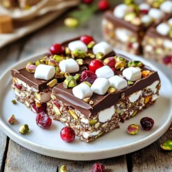 - 200g dark chocolate, chopped - 100g milk chocolate, chopped - 1 cup mini marshmallows - 1/2 cup dried cranberries - 1/2 cup shelled pistachios, roughly chopped - 1/2 cup digestive biscuits, crushed - 1 tablespoon coconut oil - Pinch of sea salt You can swap dark chocolate for semi-sweet chocolate. This change keeps the taste rich. If you prefer, use white chocolate instead. For a nut-free version, leave out pistachios and use seeds. Sunflower seeds work well. Instead of digestive biscuits, try graham crackers or crushed cookies. These substitutions help fit different diets. Cranberries are packed with antioxidants. They support heart health and may lower inflammation. Pistachios provide healthy fats and protein. They also help with weight management. Dark chocolate is rich in flavonoids, which benefit heart health. It may even boost mood. Mini marshmallows add a fun texture but have less nutritional value. Using them in moderation is smart. Each bite of this treat brings flavors and health benefits together. {{ingredient_image_1}} Start by gathering your tools. You need a 9x9 inch square baking pan and parchment paper. Line the pan with parchment, letting some hang over the edges. This makes it easy to lift the rocky road later. Make sure the paper covers the bottom and sides well. Next, take a medium saucepan. Add the dark chocolate, milk chocolate, and coconut oil. Set the heat to low and stir often. You want the mixture to melt slowly. Keep stirring until it is smooth and shiny. Once melted, remove it from the heat. Let it cool for about 5 minutes. This cooling step helps keep the marshmallows from melting too much. Now, grab a large mixing bowl. Add the mini marshmallows, dried cranberries, chopped pistachios, and crushed digestive biscuits. Mix them well so they are evenly spread out. Pour the melted chocolate mixture over the dry ingredients. Use a spatula to fold everything together. Make sure all the ingredients are coated in chocolate. This step is key for flavor! When it’s mixed well, transfer the mixture into your prepared pan. Spread it evenly and press down lightly. This helps it stick together. For added flavor, sprinkle a pinch of sea salt on top. To get the perfect texture in your cranberry pistachio rocky road, focus on mixing. First, make sure the chocolate is smooth. Stir it well as it melts. This helps it coat the other ingredients evenly. When you combine the dry mix with the chocolate, fold gently but thoroughly. You want all bits to get coated but not crushed. This keeps the marshmallows fluffy and the nuts crunchy. Serve your rocky road on a nice plate. You can cut it into squares or rectangles for easy sharing. For a festive touch, add a sprinkle of extra cranberries and pistachios on top. You can also place a few pieces in small treat bags for gifts. Pair them with a cup of hot cocoa or coffee for a cozy snack. Adding a pinch of sea salt can take your rocky road to the next level. Sprinkle it on top just before chilling. This small step brings out the richness of the chocolate and balances the sweetness. It adds a nice contrast to the chewy marshmallows and tart cranberries. Trust me, the salt makes a huge difference! Pro Tips Use Quality Chocolate: Opt for high-quality dark and milk chocolate for a richer flavor and smoother texture in your rocky road. Chill Before Cutting: Ensure your rocky road is fully set in the refrigerator before cutting to prevent it from crumbling. Customize Your Mix-Ins: Feel free to swap in your favorite nuts, dried fruits, or even add a splash of your favorite liqueur for a unique twist. Presentation Matters: Serve on a decorative platter and consider drizzling melted chocolate on top for an elegant finish. {{image_2}} You can switch up the nuts in this recipe. Try almonds, walnuts, or cashews. Each nut adds a unique taste. For fruits, consider using dried cherries or apricots. These will give a fun twist to your rocky road. To make this treat vegan, use dairy-free chocolate. Many brands offer chocolate that fits this need. Replace marshmallows with vegan options that use plant-based ingredients. This way, everyone can enjoy a piece of this delicious dessert. Add unique flavors by mixing in some fun ingredients. Try adding a teaspoon of orange zest for a citrus kick. You can also include a dash of cinnamon for warmth. For a fun twist, consider adding crushed pretzels for salty crunch. These small changes can make a big difference! To keep your cranberry pistachio rocky road fresh, store leftovers in an airtight container. This helps prevent moisture loss and keeps them tasty. Place parchment paper between layers of rocky road if you stack them. This way, they won’t stick together. You can freeze cranberry pistachio rocky road for later enjoyment. First, cut it into squares. Wrap each piece in plastic wrap or foil. Then, place the wrapped pieces in a freezer bag. Label the bag with the date. This keeps them safe from freezer burn. When stored properly, your rocky road stays fresh for about one week in the fridge. If you freeze it, it can last for up to three months. Just remember to thaw it in the fridge before serving. Enjoy the great taste and texture every time! Yes, you can make this rocky road a day or two ahead. It stores well in the fridge. Just keep it in an airtight container. The flavors will blend better if you let it sit. If you don't have digestive biscuits, use graham crackers or shortbread cookies. Both add a nice crunch. You can even use gluten-free cookies if needed. Crush them the same way as digestive biscuits. The rocky road is set when it feels firm to the touch. After refrigerating for at least 2 hours, check the edges. They should be solid. If the center still feels soft, give it more time in the fridge. This blog post explored the ingredients, instructions, and tips for making Cranberry Pistachio Rocky Road. You learned about key ingredients, possible substitutions, and the health benefits they bring. I shared step-by-step instructions to guide you through the process and gave useful tips for perfecting texture and flavor. Variations and storage tips help you customize and preserve your treats. With these insights, you can confidently create a delicious and unique dessert. Enjoy baking and sharing your rocky road creations!