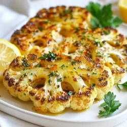 To make Garlic Herb Roasted Cauliflower Steaks, gather these main ingredients: - 1 large head of cauliflower - 4 tablespoons olive oil - 4 cloves garlic, minced - 1 teaspoon dried thyme - 1 teaspoon dried oregano - 1 teaspoon smoked paprika - Salt and pepper to taste - Juice of 1 lemon These ingredients work together to create a rich flavor that shines through. You can enhance your dish with these optional garnishes: - Fresh parsley, chopped Adding parsley not only adds color but also a fresh taste. I recommend using olive oil for this recipe. It brings out the best flavors. You can also try other oils, like avocado oil, if you prefer. Just keep in mind that the oil should have a high smoke point for roasting. {{ingredient_image_1}} Start by preheating your oven to 425°F (220°C). This heat helps the cauliflower roast well. Next, take a large head of cauliflower and remove the leaves and stem. Slice it into 1-inch thick steaks. You can get about 2 to 4 steaks from one head, depending on its size. Make sure the slices are even for uniform cooking. In a small bowl, combine 4 tablespoons of olive oil, 4 minced garlic cloves, 1 teaspoon of dried thyme, 1 teaspoon of dried oregano, and 1 teaspoon of smoked paprika. Add salt and pepper to taste. Mix it well until you have a smooth herb mixture. This blend adds great flavor to your cauliflower. Place your cauliflower steaks on a parchment-lined baking tray. Use a brush to spread the herb mixture generously on both sides. This step ensures each bite is packed with flavor. Roast the cauliflower steaks in your preheated oven for 25 to 30 minutes. Flip them halfway through to get that golden brown edge. When they are tender and roasted, remove them from the oven. Squeeze fresh lemon juice over the top and garnish with chopped parsley. Enjoy your easy and tasty dish! To get the best texture, cut your cauliflower into 1-inch thick steaks. This size helps the cauliflower cook evenly. When you roast them, the edges become crispy while the inside stays soft. Make sure to flip the steaks halfway through cooking to get that nice golden color all around. Use the herb mixture wisely. Mix olive oil, minced garlic, thyme, oregano, smoked paprika, salt, and pepper. This blend gives a rich taste. Brush it on both sides of the cauliflower steaks. Feel free to adjust the spices to match your taste. A squeeze of lemon juice at the end brightens the flavors even more! When serving, place the cauliflower steaks on a nice plate. Drizzle some extra olive oil for shine. Sprinkle chopped parsley on top for a fresh look. You can also add lemon wedges on the side. This not only looks good but adds extra flavor. Enjoy your beautiful dish! Pro Tips Choose the Right Cauliflower: Look for a cauliflower head that is firm and heavy with tightly packed florets for the best texture and flavor. Experiment with Herbs: Feel free to mix and match different herbs such as rosemary or basil to create your own unique flavor profile. Don’t Skip the Lemon: The acidity from the lemon juice enhances the flavors and balances the richness of the olive oil, so be generous! Perfectly Roasted Edges: For extra crispiness, broil the cauliflower steaks for the last 2-3 minutes of cooking, keeping a close eye to avoid burning. {{image_2}} You can change the flavor of your cauliflower steaks by adding different herbs and spices. Basil and rosemary work well for a fresh taste. If you like heat, try adding red pepper flakes. For a smoky flavor, use more smoked paprika or even chipotle powder. Experiment with your favorites to find the mix you love. You don’t have to roast cauliflower in the oven. You can grill it for a nice char. Just brush the steaks with oil and place them on a hot grill. Cook for about 5-7 minutes per side. Air frying is another great option. Set your air fryer to 400°F and cook for 15-20 minutes. Both methods give a unique taste while keeping the steaks tender. Cauliflower steaks go well with many sauces. A lemon-tahini sauce adds creaminess and zest. You can also serve them with a simple yogurt sauce for a cool contrast. Pair them with grains like quinoa or rice for a full meal. Add a fresh salad on the side to complete your dish. These options make your meal bright and balanced. To keep your garlic herb roasted cauliflower steaks fresh, store them in an airtight container. Let the steaks cool first. This helps prevent moisture buildup. Place a paper towel inside the container to absorb excess moisture. This method keeps the texture better. You can store the leftovers in the fridge for up to three days. When it’s time to enjoy your leftovers, reheating is key. Preheat your oven to 350°F (175°C). Place the cauliflower steaks on a baking sheet. Heat them for about 10 minutes. This helps retain their crispiness. You can also microwave them for a quicker option. If using the microwave, cover them with a damp paper towel. This keeps them moist without making them soggy. You can freeze your cauliflower steaks for later use. First, let them cool completely. Wrap each steak in plastic wrap tightly. Then, place the wrapped steaks in a freezer bag. Squeeze out as much air as possible. Label the bag with the date. You can freeze them for up to three months. When you’re ready to use them, thaw in the fridge overnight. Reheat as described above for the best results. Yes, you can make these cauliflower steaks ahead of time. Prepare them, brush on the herb mix, and cover them tightly. Store them in the fridge for up to 24 hours. When ready to cook, simply roast them straight from the fridge. This helps save time on busy days. To check if the cauliflower is cooked well, look for a golden brown color on the edges. You can also poke a fork into the steaks. If the fork goes in easily, they are done. The center should feel tender but not mushy. Yes, you can use fresh herbs in place of dried ones. Fresh herbs can add a bright flavor. Use about three times more fresh herbs than dried. For example, if the recipe calls for one teaspoon of dried thyme, use three teaspoons of fresh thyme. Just chop them finely before mixing. This blog post covered how to make tasty Garlic Herb Roasted Cauliflower Steaks. You learned about the main ingredients, optional garnishes, and best cooking oils. We walked through step-by-step instructions, plus tips for perfect flavor and serving. I shared ways to customize your dish and storage tips for leftovers. Remember, this dish is fun and easy to make! Use fresh herbs or different cooking methods to enjoy it even more. Give it a try and enjoy the fresh, rich flavors!