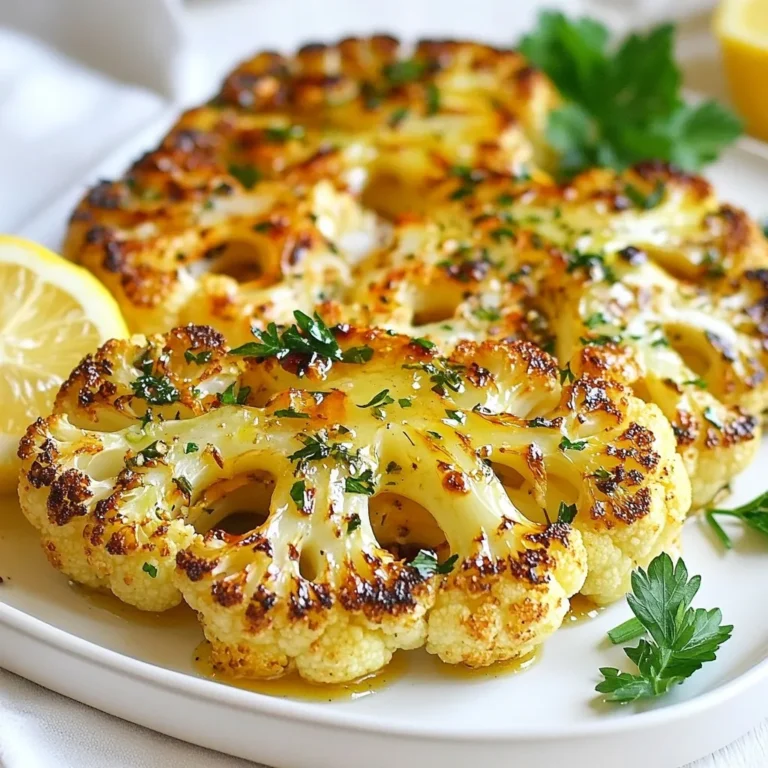 To make Garlic Herb Roasted Cauliflower Steaks, gather these main ingredients: - 1 large head of cauliflower - 4 tablespoons olive oil - 4 cloves garlic, minced - 1 teaspoon dried thyme - 1 teaspoon dried oregano - 1 teaspoon smoked paprika - Salt and pepper to taste - Juice of 1 lemon These ingredients work together to create a rich flavor that shines through. You can enhance your dish with these optional garnishes: - Fresh parsley, chopped Adding parsley not only adds color but also a fresh taste. I recommend using olive oil for this recipe. It brings out the best flavors. You can also try other oils, like avocado oil, if you prefer. Just keep in mind that the oil should have a high smoke point for roasting. {{ingredient_image_1}} Start by preheating your oven to 425°F (220°C). This heat helps the cauliflower roast well. Next, take a large head of cauliflower and remove the leaves and stem. Slice it into 1-inch thick steaks. You can get about 2 to 4 steaks from one head, depending on its size. Make sure the slices are even for uniform cooking. In a small bowl, combine 4 tablespoons of olive oil, 4 minced garlic cloves, 1 teaspoon of dried thyme, 1 teaspoon of dried oregano, and 1 teaspoon of smoked paprika. Add salt and pepper to taste. Mix it well until you have a smooth herb mixture. This blend adds great flavor to your cauliflower. Place your cauliflower steaks on a parchment-lined baking tray. Use a brush to spread the herb mixture generously on both sides. This step ensures each bite is packed with flavor. Roast the cauliflower steaks in your preheated oven for 25 to 30 minutes. Flip them halfway through to get that golden brown edge. When they are tender and roasted, remove them from the oven. Squeeze fresh lemon juice over the top and garnish with chopped parsley. Enjoy your easy and tasty dish! To get the best texture, cut your cauliflower into 1-inch thick steaks. This size helps the cauliflower cook evenly. When you roast them, the edges become crispy while the inside stays soft. Make sure to flip the steaks halfway through cooking to get that nice golden color all around. Use the herb mixture wisely. Mix olive oil, minced garlic, thyme, oregano, smoked paprika, salt, and pepper. This blend gives a rich taste. Brush it on both sides of the cauliflower steaks. Feel free to adjust the spices to match your taste. A squeeze of lemon juice at the end brightens the flavors even more! When serving, place the cauliflower steaks on a nice plate. Drizzle some extra olive oil for shine. Sprinkle chopped parsley on top for a fresh look. You can also add lemon wedges on the side. This not only looks good but adds extra flavor. Enjoy your beautiful dish! Pro Tips Choose the Right Cauliflower: Look for a cauliflower head that is firm and heavy with tightly packed florets for the best texture and flavor. Experiment with Herbs: Feel free to mix and match different herbs such as rosemary or basil to create your own unique flavor profile. Don’t Skip the Lemon: The acidity from the lemon juice enhances the flavors and balances the richness of the olive oil, so be generous! Perfectly Roasted Edges: For extra crispiness, broil the cauliflower steaks for the last 2-3 minutes of cooking, keeping a close eye to avoid burning. {{image_2}} You can change the flavor of your cauliflower steaks by adding different herbs and spices. Basil and rosemary work well for a fresh taste. If you like heat, try adding red pepper flakes. For a smoky flavor, use more smoked paprika or even chipotle powder. Experiment with your favorites to find the mix you love. You don’t have to roast cauliflower in the oven. You can grill it for a nice char. Just brush the steaks with oil and place them on a hot grill. Cook for about 5-7 minutes per side. Air frying is another great option. Set your air fryer to 400°F and cook for 15-20 minutes. Both methods give a unique taste while keeping the steaks tender. Cauliflower steaks go well with many sauces. A lemon-tahini sauce adds creaminess and zest. You can also serve them with a simple yogurt sauce for a cool contrast. Pair them with grains like quinoa or rice for a full meal. Add a fresh salad on the side to complete your dish. These options make your meal bright and balanced. To keep your garlic herb roasted cauliflower steaks fresh, store them in an airtight container. Let the steaks cool first. This helps prevent moisture buildup. Place a paper towel inside the container to absorb excess moisture. This method keeps the texture better. You can store the leftovers in the fridge for up to three days. When it’s time to enjoy your leftovers, reheating is key. Preheat your oven to 350°F (175°C). Place the cauliflower steaks on a baking sheet. Heat them for about 10 minutes. This helps retain their crispiness. You can also microwave them for a quicker option. If using the microwave, cover them with a damp paper towel. This keeps them moist without making them soggy. You can freeze your cauliflower steaks for later use. First, let them cool completely. Wrap each steak in plastic wrap tightly. Then, place the wrapped steaks in a freezer bag. Squeeze out as much air as possible. Label the bag with the date. You can freeze them for up to three months. When you’re ready to use them, thaw in the fridge overnight. Reheat as described above for the best results. Yes, you can make these cauliflower steaks ahead of time. Prepare them, brush on the herb mix, and cover them tightly. Store them in the fridge for up to 24 hours. When ready to cook, simply roast them straight from the fridge. This helps save time on busy days. To check if the cauliflower is cooked well, look for a golden brown color on the edges. You can also poke a fork into the steaks. If the fork goes in easily, they are done. The center should feel tender but not mushy. Yes, you can use fresh herbs in place of dried ones. Fresh herbs can add a bright flavor. Use about three times more fresh herbs than dried. For example, if the recipe calls for one teaspoon of dried thyme, use three teaspoons of fresh thyme. Just chop them finely before mixing. This blog post covered how to make tasty Garlic Herb Roasted Cauliflower Steaks. You learned about the main ingredients, optional garnishes, and best cooking oils. We walked through step-by-step instructions, plus tips for perfect flavor and serving. I shared ways to customize your dish and storage tips for leftovers. Remember, this dish is fun and easy to make! Use fresh herbs or different cooking methods to enjoy it even more. Give it a try and enjoy the fresh, rich flavors!