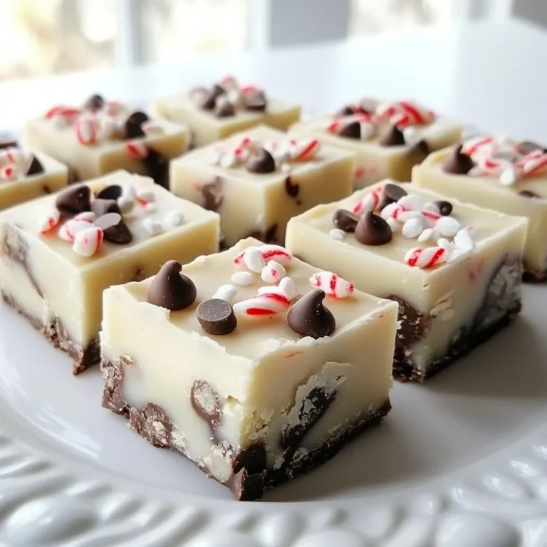 - 1 cup sweetened condensed milk - 2 cups semisweet chocolate chips - 1 cup white chocolate chips - 1 teaspoon peppermint extract - 1/4 teaspoon salt - 1/2 cup crushed peppermint candies (or candy canes) - 1/2 cup mini chocolate chips (for topping) This recipe calls for specific amounts to get the best taste and texture. If you want a deeper chocolate flavor, you can swap semisweet chips for dark chocolate chips. White chocolate can also be replaced with vanilla chips if you prefer. For a creamier fudge, try using evaporated milk instead of sweetened condensed milk. Just remember, small changes can change the taste! Always choose high-quality chocolate chips. Look for those that have a high cocoa content. They melt better and taste richer. When picking peppermint candies, make sure they are fresh. Old candies can lose their flavor and crunch. Fresh mint extract can also make a big difference. Check the label to ensure it’s pure. These small details will help your fudge stand out. {{ingredient_image_1}} To make peppermint chocolate chip fudge, start by gathering your ingredients. You need sweetened condensed milk, semisweet chocolate chips, white chocolate chips, peppermint extract, salt, crushed peppermint candies, and mini chocolate chips. 1. First, line an 8x8 inch baking dish with parchment paper. Let some paper hang over the sides. This will help you lift the fudge out later. 2. Next, put the sweetened condensed milk, semisweet chocolate chips, and salt in a medium saucepan. Set the heat to low. Stir often until the chocolate melts and the mix is smooth. 3. After that, take the saucepan off the heat. Stir in the peppermint extract. Let the mixture cool for a few minutes. 4. When it’s slightly cool, fold in the white chocolate chips. Make sure they mix in well. Then, add the crushed peppermint candies. Mix until they are evenly spread. 5. Now, pour the fudge mix into your baking dish. Use a spatula to smooth the top. Sprinkle mini chocolate chips all over for a pretty finish. 6. Finally, put your fudge in the fridge for at least 2 hours. Once it’s set, lift it out using the parchment paper. Cut it into small squares. Using low heat is key. This prevents the chocolate from burning. Stirring often keeps the mix smooth. When folding in the white chocolate, be gentle. This helps keep the texture light and fluffy. Another tip is to let the fudge cool slightly before adding the peppermint candies. This way, they won’t melt and lose their crunch. If your fudge is too soft, it may need more time in the fridge. Make sure it is fully set before cutting. If it’s too hard, it may have cooked too long or not had enough moisture. You can fix this by adding a little warm water to the mix when reheating. Lastly, if the fudge won’t come out of the dish, gently warm the bottom of the dish. This will help loosen it. Enjoy your delicious peppermint chocolate chip fudge! To get the best fudge texture, use low heat while melting. High heat can burn the chocolate, ruining the smoothness. Stir often to keep it creamy. When mixing in the white chocolate, make sure the chocolate is slightly cool. This helps it blend better without clumping. Chill the fudge for at least two hours to set it well. Cutting it too early can make it messy. Pair your fudge with warm drinks like hot cocoa or coffee. The rich flavors blend well and make each bite special. You can also serve it with vanilla ice cream for a tasty dessert. For a festive touch, place whole peppermint candies around the fudge on a platter. This adds color and excitement to your holiday table. What if my fudge is too soft? If your fudge is too soft, it may need more chilling time. Ensure it's fully set in the fridge before cutting. If it still feels soft after chilling, you might need to add more chocolate next time. How can I make my fudge smoother? To make your fudge smoother, stir continuously while melting. Use high-quality chocolate chips, as they melt better. Also, add the peppermint extract at the right time. This helps keep the fudge from seizing up. Can I make fudge without a microwave? Yes! You can easily make fudge on the stove. Use a double boiler or a saucepan over low heat. Stir until everything is melted and smooth. This method gives you full control over the heat. Pro Tips Use Quality Chocolate: For the best flavor and texture, opt for high-quality semisweet and white chocolate chips. It makes a noticeable difference in the final product. Cool Before Adding Candy: Allow the chocolate mixture to cool slightly before folding in the peppermint candies. This prevents them from melting and losing their crunch. Cutting Tips: Use a sharp knife to cut the fudge into squares after it has set. Wiping the knife with a damp cloth between cuts can help achieve cleaner edges. Storage Advice: Store the fudge in an airtight container in the refrigerator for up to two weeks. This helps maintain its freshness and flavor. {{image_2}} You can switch up the chocolate types in the fudge. If you love dark chocolate, use dark chocolate chips instead of semisweet. This adds a rich taste. If you prefer a sweeter treat, use milk chocolate chips. This option makes the fudge creamier and softer. You can even mix different types of chocolate for a fun flavor twist. Adding nuts can give your fudge a nice crunch. Chopped walnuts or pecans work well. Stir them in with the white chocolate chips. You can also add dried fruits like cranberries for a festive touch. These additions make your fudge unique and tasty. You can change the fudge for different holidays. For Halloween, add orange food coloring and sprinkle Halloween candies on top. For Valentine’s Day, use pink chocolate and heart-shaped sprinkles. This makes your fudge fun and festive for any occasion. Get creative and let your theme shine through! To keep your peppermint chocolate chip fudge fresh, store it in an airtight container. Place parchment paper between layers to avoid sticking. Make sure to keep it in a cool, dry place. This helps maintain the fudge's soft texture and rich flavor. Avoid exposing it to heat or direct sunlight, as this can cause it to melt or lose flavor. When stored properly, peppermint chocolate chip fudge will last about two weeks at room temperature. If you keep it in the fridge, it can last up to a month. However, I recommend enjoying it within the first week for the best taste. The flavors will be vibrant and delightful during this time. If you want to enjoy your fudge later, freezing is a great option. Cut the fudge into squares before freezing. Wrap each piece in plastic wrap, then place them in a freezer-safe bag. This method helps avoid freezer burn. To thaw, simply take the fudge out and let it sit at room temperature for about 30 minutes. Enjoy the sweet treat when it's ready! Yes, you can use regular chocolate. It will change the taste and sweetness. Semisweet chocolate gives a nice balance with the peppermint. If you choose regular chocolate, cut back on added sugar in your recipe. You can add more peppermint extract. Try up to 1.5 teaspoons. Another way is to use crushed peppermint candies. This adds both flavor and texture. You can also mix in some mint chocolate chips for extra depth. Yes, it is easy to make it dairy-free. Use dairy-free sweetened condensed milk. You can find it in stores or make your own. Replace the chocolate chips with dairy-free versions. Your fudge will still be delicious and festive! This article covered everything you need for peppermint chocolate chip fudge. We discussed key ingredients, cooking steps, and how to fix common problems. I shared tips for perfect texture and fun variations. You also learned how to store and freeze your fudge correctly. Remember, good quality ingredients make a big difference. Enjoy your fudge-making adventure and impress friends with your tasty treats!