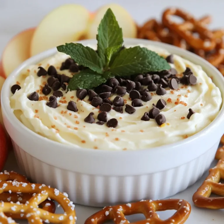 - 8 oz cream cheese, softened - 1/2 cup powdered sugar - 1/2 cup sour cream - 1 teaspoon peppermint extract - 1/2 cup mini chocolate chips - 1/4 cup crushed peppermint candies - 1/2 teaspoon vanilla extract These main ingredients create a rich, creamy base for the dip. The cream cheese gives it a smooth texture. The sour cream adds a tangy kick. The powdered sugar sweetens, while the peppermint extract brings a fresh flavor. Mini chocolate chips add sweetness and texture. Crushed peppermint candies give it a fun crunch. - Fresh mint leaves for garnish - Additional crushed peppermint candies Garnishes make your dip look lovely. Fresh mint leaves add color and a pop of flavor. More crushed peppermint candies can boost the festive feel. - Assorted dippers (e.g., graham crackers, apple slices, pretzels) Choosing the right dippers is key. Graham crackers are sweet and crunchy. Apple slices bring a crisp, fresh taste. Pretzels offer a salty contrast that pairs well with the sweet dip. You can mix and match! {{ingredient_image_1}} 1. Start with 8 oz of softened cream cheese. Place it in a large mixing bowl. 2. Beat the cream cheese with an electric mixer. Mix until it is smooth and creamy. This step is key for a silky texture. 3. Gradually add 1/2 cup of powdered sugar. Mix well until fluffy and fully combined. This gives sweetness to the dip. 1. Next, add 1/2 cup of sour cream to the bowl. This adds creaminess and tang. 2. Include 1 teaspoon of peppermint extract and 1/2 teaspoon of vanilla extract. These flavors make it festive and refreshing. 3. Once combined, gently fold in 1/2 cup of mini chocolate chips and 1/4 cup of crushed peppermint candies. Use a spatula to ensure even distribution without breaking the chips. 1. Transfer the cheesecake dip to a serving bowl. Cover it and chill in the fridge for at least 30 minutes. Chilling helps the flavors blend well. 2. When ready to serve, garnish with fresh mint leaves and a sprinkle of extra crushed peppermint candies. This adds a nice touch. 3. Serve with assorted dippers like graham crackers, apple slices, or pretzels. These provide a fun contrast to the creamy dip. Enjoy the delightful mix of flavors! To get the best dip, start with room temperature cream cheese. Cold cream cheese won't mix well. You want a smooth and creamy base. If you beat it while cold, you may get lumps. Mix until it’s fluffy and free of bumps. Adjust the sweetness to your taste. If you prefer it less sweet, add less powdered sugar. You can also try different extracts. Almond or vanilla can give a nice twist. Experiment until you find your favorite flavor. Prepare your dippers ahead of time. This way, you can serve right away. Grahams, apple slices, and pretzels work great. For a fun look, arrange them on a colorful platter. Add a few mint leaves for a pop of color and freshness. Pro Tips Use Room Temperature Cream Cheese: Ensuring your cream cheese is softened to room temperature will help achieve a smoother texture and prevent lumps in your dip. Adjust Peppermint Flavor: Depending on your preference, you can adjust the amount of peppermint extract. Start with a smaller amount and taste as you go to find your perfect balance. Chill for Best Flavor: Allowing the dip to chill for at least 30 minutes helps the flavors meld together, resulting in a more delicious and cohesive taste. Creative Dipper Options: Experiment with a variety of dippers like chocolate cookies, pretzel crisps, or even fruit like strawberries for a delightful contrast to the creamy dip. {{image_2}} You can change the taste of this dip by adding different extracts. Try vanilla or almond for a unique twist. These flavors blend well with the peppermint and chocolate. You can also use dark or milk chocolate chips. Each type brings a new flavor profile to the dip. For those with gluten issues, you can use gluten-free dippers. Look for gluten-free graham crackers or fresh fruit. If you are on a sugar-free or low-calorie diet, you can substitute powdered sugar. Use a sugar alternative that measures the same. This way, you can still enjoy this tasty dip without guilt. Make your dip festive by adding colorful toppings. Use red and green crushed peppermint for a holiday look. You can also pair the dip with seasonal treats. Think sugar cookies or gingerbread. These combinations will bring joy to any gathering. To keep your peppermint chocolate chip cheesecake dip fresh, store it in an airtight container. This helps prevent any odors from other foods from seeping in. Place the container in the fridge right after serving. Your dip will stay good for about 3 to 5 days. Always check for any signs of spoilage before eating. Yes, you can freeze cheesecake dip! Freezing can work well if you want to save some for later. To freeze, first, place the dip in a freezer-safe container. Make sure to leave some space at the top, as the dip may expand. When you want to eat it, move the dip to the fridge to thaw for about 8 hours. After thawing, stir it well to regain its creamy texture. You can use leftover dip in fun ways! Try spreading it on toast or using it as a topping for pancakes. You could also mix it into yogurt for a sweet treat. If the dip is a bit old, think about making mini cheesecakes by layering it with crushed cookies in small cups. These ideas add variety and help reduce waste! To make your cheesecake dip fluffier, start with room temperature cream cheese. This helps it blend smoothly. Use an electric mixer and beat it well for a few minutes. As you add powdered sugar, mix slowly at first. Once combined, increase the speed. This adds air and creates a light texture. You can also add a bit more sour cream for extra fluff. Yes, you can substitute some ingredients. If you don’t have cream cheese, use Greek yogurt. It gives a nice tang and similar texture. For a lower sugar option, try a sugar substitute like stevia. Just remember to check the sweetness level, as some are stronger than sugar. This dip is great for many occasions. It fits well at holiday parties, birthdays, and family gatherings. Serve it during game nights or casual get-togethers. The festive flavors make it a hit for Christmas or winter celebrations. Pair it with dippers like graham crackers or apple slices for fun. Yes, you can make this dip ahead of time. Prepare it a day before your event and store it in the fridge. This helps the flavors blend nicely. Just give it a quick stir before serving. If you want, garnish it just before you serve to keep it fresh. This blog post guides you through making a delicious cheesecake dip. You learned about the main ingredients, optional garnishes, and dipper suggestions. I shared step-by-step instructions for preparing, mixing, and serving. You also discovered helpful tips and variations to suit different tastes and dietary needs. Remember, perfecting the dip's consistency and flavors is key. With proper storage, you can enjoy leftovers too. Enjoy creating this tasty treat for your next gathering!