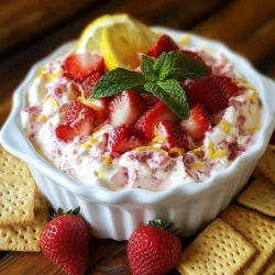 The Strawberry Lemon Cheesecake Dip shines with a few simple ingredients. Each one adds to its creamy and fresh taste. Here’s what you will need: - 1 cup cream cheese, softened - 1/2 cup powdered sugar - 1 teaspoon vanilla extract - 1 lemon, zested and juiced - 1 cup fresh strawberries, hulled and diced - 1/4 cup heavy cream - 1 tablespoon fresh mint leaves, finely chopped (for garnish) - Graham crackers or vanilla wafer cookies (for serving) Each ingredient plays a key role in the dip's flavor. The cream cheese gives it a smooth base. Powdered sugar adds the right sweetness, while vanilla brings warmth. Fresh lemon zest and juice add a bright, tangy taste. Strawberries give a sweet, juicy burst, making it delightful. Heavy cream lightens the dip, creating a fluffy texture. Mint leaves add a fresh touch when you serve it. Using fresh ingredients makes this dip special. It’s perfect for parties or a fun treat at home. You can also experiment by swapping in different fruit or flavors. Just remember, each ingredient counts in building that creamy, fresh delight! {{ingredient_image_1}} 1. Beating the cream cheese Start with 1 cup of softened cream cheese. Place it in a mixing bowl. Use an electric mixer to beat it until smooth and creamy. This step is key. A smooth base makes the dip rich. 2. Adding powdered sugar Next, gradually add 1/2 cup of powdered sugar. Keep beating until it blends well. The sugar sweetens the dip and helps with the texture. 3. Incorporating lemon flavor Now, mix in 1 teaspoon of vanilla extract, the zest and juice from 1 lemon. Use a spatula to fold these in. This adds a fresh and zesty flavor, making the dip bright and lively. 4. Folding in strawberries Gently fold in 1 cup of hulled and diced fresh strawberries. Make sure not to mash them. This adds sweetness and a beautiful color. 5. Whipping the heavy cream In a separate bowl, whip 1/4 cup of heavy cream. Mix until soft peaks form. This step adds air, making the dip light and fluffy. 6. Combining mixtures Carefully fold the whipped cream into the strawberry and cream cheese mixture. This creates a creamy blend. It should look light and inviting. 7. Chilling the dip Transfer the dip into a serving bowl. Refrigerate for at least 30 minutes. Chilling allows the flavors to meld together. You’ll love how it tastes after resting. 8. Garnishing for presentation Before serving, sprinkle finely chopped mint leaves on top. This adds a pop of color and a fresh aroma. Serve with graham crackers or vanilla wafer cookies for dipping. Enjoy this creamy delight! Choosing the right cream cheese is key. I prefer full-fat cream cheese. It gives the dip a rich and creamy taste. If you want a lighter option, use low-fat cream cheese. Just know it may change the flavor a bit. Ensuring the right consistency is important. You want your dip to be smooth but thick. If it feels too runny, mix in more cream cheese. If it’s too thick, add a little heavy cream. This will help you get that creamy texture. Flavors that pair well with this dip include fresh fruits and nuts. Sliced bananas and blueberries add a tasty twist. You can also sprinkle in some crushed nuts for crunch. They will give your dip an extra layer of flavor. Serving suggestions for parties can make your dip shine. Place the dip in a nice bowl and chill it first. This helps the flavors blend well. Serve with graham crackers or vanilla wafer cookies. You can even add some whole strawberries on top for a fun look. Try to keep everything colorful and inviting! Pro Tips Tip 1: Use Room Temperature Cream Cheese: Ensure your cream cheese is at room temperature before mixing for a smoother, creamier dip. Tip 2: Fresh Strawberries Make a Difference: For the best flavor, use fresh, ripe strawberries instead of frozen ones. Tip 3: Chill Before Serving: Allowing the dip to chill for at least 30 minutes enhances the flavors and improves the texture. Tip 4: Experiment with Flavors: Feel free to add other fruits like blueberries or raspberries for a mixed berry twist! {{image_2}} Want to mix things up? You can switch fruits easily. Try blueberries, raspberries, or peaches. Each fruit gives a new twist. For citrus, consider lime or orange. They bring a bright burst of flavor too. You can also add chocolate or caramel. Drizzle chocolate sauce over the dip for a sweet touch. Or, swirl in caramel for a rich flavor. Both options make this dip even more fun to eat. Feel free to experiment. Making this dip your own is part of the fun! Enjoy trying new flavors and combinations. To keep your strawberry lemon cheesecake dip fresh, follow these simple tips: - Refrigerator storage guidelines: Place the dip in an airtight container. It stays fresh for up to three days in the fridge. Always cover it tightly to prevent it from absorbing other flavors. - Freezing options for future use: You can freeze this dip if you want to save some for later. Use a freezer-safe container. It keeps well for up to two months. Thaw it in the fridge overnight before serving. The texture may change slightly but will still taste great. - Best practices for keeping freshness: If you plan to serve this dip at a gathering, only take out what you need. Keep the rest in the fridge. Stir the dip gently before serving to combine any separation. This helps maintain its creamy texture and fresh taste. By storing it properly, you ensure that every bite remains a delightful experience. Yes, you can use low-fat cream cheese. It will still taste good. Just keep in mind that the dip may not be as rich and creamy. If you want a lighter option, this works well. The dip will last about 3 to 5 days in the fridge. Store it in an airtight container. Make sure it is covered well to keep it fresh. Yes, you can make this dip ahead of time. It actually tastes better when chilled for a few hours. You can prepare it the day before and let it chill overnight. Serve this dip with graham crackers or vanilla wafer cookies. Fresh fruit like apple slices or banana slices also works great. For a fun twist, try pretzels for a salty crunch! This blog post outlined how to make a delicious strawberry dip. We covered ingredients like cream cheese, strawberries, and whipped cream. I shared step-by-step instructions to help you prepare the dip perfectly. You learned tips for a smooth texture and tasty flavor combinations. Variations and storage methods ensured your dip stays fresh and versatile. In closing, have fun making this dip your own. It's sure to be a hit at your next gathering!