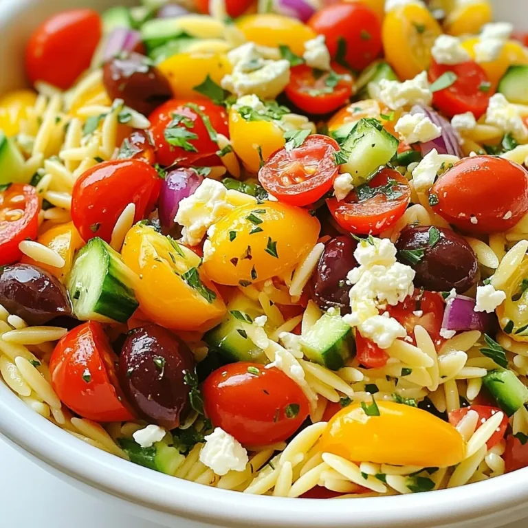 To make a tasty Greek Orzo Pasta Salad, you need: - 1 cup orzo pasta - 1 cup cherry tomatoes, halved - 1 cucumber, diced - 1/2 red onion, finely chopped - 1/2 cup Kalamata olives, pitted and halved - 1/2 cup feta cheese, crumbled - 2 tablespoons fresh parsley, chopped - 3 tablespoons olive oil - 1 tablespoon lemon juice - 1 teaspoon dried oregano - Salt and pepper to taste These ingredients blend well together. They create a fresh and vibrant dish full of flavor. If you have dietary needs, you can still enjoy this salad. Here are some swaps: - Gluten-Free: Use gluten-free orzo or another gluten-free pasta. - Dairy-Free: Replace feta with a dairy-free cheese or avocado. - Lower Sodium: Use low-sodium olives and omit added salt. These changes help you enjoy the salad without feeling left out. Using fresh ingredients is key for this dish. Fresh veggies and herbs taste better. They also add more nutrients. - Tomatoes: Look for bright and firm ones. They add sweetness. - Cucumber: Choose crisp cucumbers for crunch. - Parsley: Fresh parsley gives a burst of flavor. When you use fresh ingredients, your salad shines. Each bite becomes a joy! {{ingredient_image_1}} First, grab a large pot and fill it with water. Add a good amount of salt to it. Bring the water to a boil. Once boiling, add 1 cup of orzo pasta. You will cook it according to the package instructions. This usually takes about 8 to 10 minutes. You want the orzo to be al dente, or firm to the bite. After cooking, drain the orzo in a colander. To stop the cooking process, rinse the orzo under cold water. This helps keep the pasta from getting mushy. Set it aside while you prepare the salad. In a big mixing bowl, add the fun parts! Start with 1 cup of halved cherry tomatoes. Then, add 1 diced cucumber. Next, toss in 1/2 finely chopped red onion. Don't forget 1/2 cup of Kalamata olives, pitted and halved. For a creamy touch, add 1/2 cup of crumbled feta cheese. Now, mix in the cooled orzo you set aside. Gently stir all the ingredients together. You want everything to be mixed well but not squished. To make the dressing, take a small bowl. In it, whisk together 3 tablespoons of olive oil and 1 tablespoon of lemon juice. Add 1 teaspoon of dried oregano, and season with salt and pepper to taste. Whisk until it is well combined. Pour this tasty dressing over your salad. Toss everything again to coat all the ingredients evenly. Finally, fold in 2 tablespoons of chopped fresh parsley. This adds a fresh taste and a pop of color. Taste your salad and adjust seasoning if needed. Enjoy the bright flavors! To make your salad great, focus on the texture. First, cook the orzo pasta until it’s just right. Al dente means it should be firm when you bite it. This gives the salad a nice bite. After cooking, rinse the orzo under cold water. This stops the cooking and keeps it from getting mushy. When you mix in the veggies, make sure they are fresh and crisp. This adds crunch and makes every bite fun. Want to boost the flavor? Start by using fresh herbs. Parsley adds brightness. You can also try basil or mint. These herbs bring a new layer to the dish. A splash of extra lemon juice can brighten up the salad, too. If you like a bit of heat, add some crushed red pepper flakes. They give a nice kick without overpowering the other flavors. Don’t forget to taste as you go. Adjust salt and pepper to suit your taste. Making this salad ahead of time? It’s a great idea! Prepare the orzo and chop the veggies. Store them separately in the fridge. Mix them together just before serving. This keeps the veggies fresh and crunchy. You can also make the dressing in advance. Just store it in a jar and shake it before adding. This way, the flavors blend well, and you save time. Enjoy your delicious Greek Orzo Pasta Salad whenever you want! Pro Tips Cook orzo perfectly: Make sure to cook orzo al dente, as it will absorb some dressing and continue cooking slightly when mixed with the other ingredients. Customize your veggies: Feel free to add other Mediterranean vegetables like bell peppers, artichokes, or spinach for extra flavor and nutrition. Make it ahead: This salad tastes even better after chilling in the fridge for an hour, allowing the flavors to meld together beautifully. Fresh herbs elevate: Adding fresh herbs like mint or basil can provide a delightful twist to the traditional Mediterranean flavor profile. {{image_2}} If you want to keep this dish vegetarian, it’s easy. You can add more veggies. Try bell peppers or artichokes for a fresh twist. You could even add some roasted zucchini for a warm touch. All these choices still keep the salad light and tasty. To make this salad heartier, you can boost the protein. Grilled chicken or shrimp work well. You can also add chickpeas or white beans for a plant-based option. These add-ins make the salad filling and satisfying, perfect for a lunch or dinner. Switching ingredients with the seasons keeps the salad fresh. In summer, use ripe tomatoes and fresh corn. In fall, try roasted butternut squash or Brussels sprouts. Using seasonal produce not only enhances flavor but also supports local farms. This keeps your salad vibrant and exciting all year long! To keep your Greek orzo pasta salad fresh, store it in an airtight container. This helps lock in flavors and moisture. If you have leftovers, make sure to cool the salad to room temperature before sealing it. Avoid adding the dressing until you are ready to serve. This will keep the ingredients crisp. You may not need to reheat this salad. It tastes great cold. If you prefer a warm dish, add a little olive oil to a pan. Heat it gently over low heat. Stir in the salad just until warm. Be careful not to overheat, as it can wilt the veggies. When stored properly, Greek orzo pasta salad lasts about 3 to 5 days in the fridge. Always check for any off smells or changes in color before eating. If the salad looks or smells strange, it’s best to throw it away. Enjoy your fresh, tasty salad while it’s still at its best! Greek Orzo Pasta Salad lasts about three to five days in the fridge. Keep it in an airtight container. This helps keep it fresh. The flavors blend more over time. However, the veggies may get softer. It's best to eat it within the first few days for the best crunch. Yes, you can make Greek Orzo Pasta Salad without feta cheese. If you're avoiding dairy, try using avocado instead. It adds creaminess and healthy fats. You can also use a dairy-free cheese if you like. The salad will still be tasty and vibrant without the feta. Greek Orzo Pasta Salad pairs well with many dishes. Try grilled chicken or fish for protein. It also goes great with pita bread and hummus. Add some roasted vegetables for a full meal. You can even serve it as a side dish at BBQs or picnics. In this article, we covered how to make Greek Orzo Pasta Salad using fresh ingredients. We discussed substitutions for various diets, steps to prepare the salad, and tips for the best texture and flavor. I shared ideas for variations and storage practices, ensuring you enjoy this dish longer. Remember, using high-quality, fresh ingredients makes a huge difference. This salad is versatile and can fit any meal. Enjoy experimenting and making it your own!